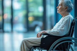 Elderly woman in wheelchair indoors, a Photo by Beautiful things