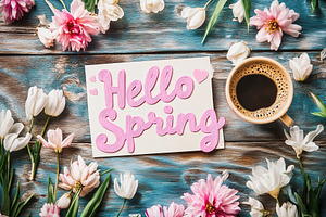 Inscription Hello Spring with beautiful flowers and cup of coffee drink, a Background Photo by AlyaAnd