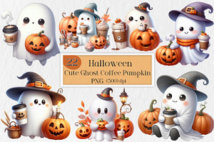 Cute Ghost Coffee Pumpkin Halloween, an Illustration by Creative Art