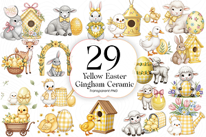 Yellow Gingham Ceramic Bunny PNG.