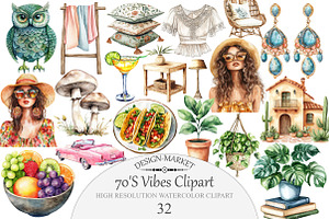 Watercolor 70'S Vibes Clipart, an Illustration by Design Market