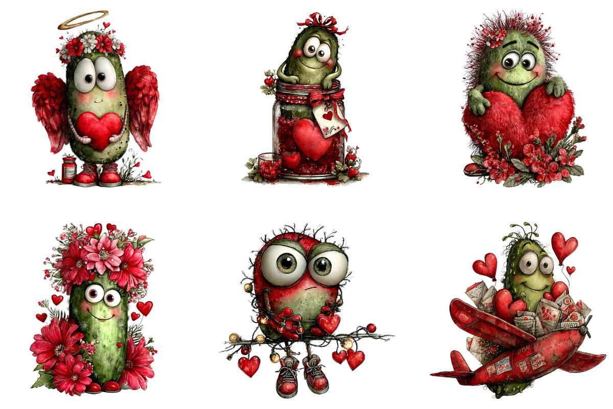 Whimsical Pickle Valentines Clipart, an Illustration by CreationArt (Photo 4 of 5)