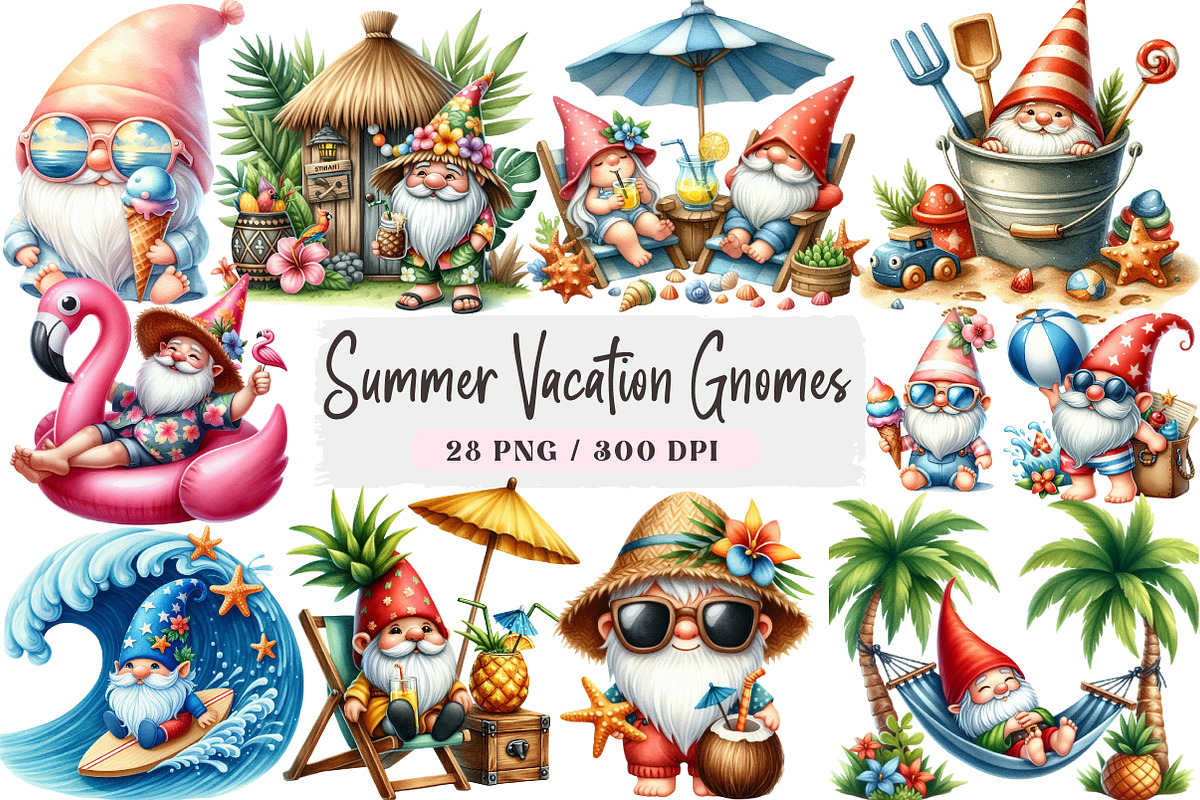 Summer Vacation Gnomes Beach Clipart, a Seasonal Illustration by DreamArtGraphic (Photo 1 of 4)