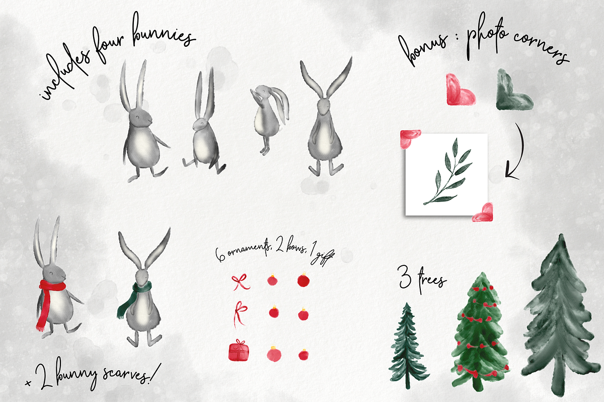 Christmas Bunnies Watercolor Clipart, an Illustration by Wooly Pronto