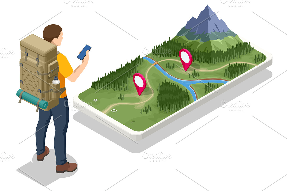 Hiker with backpacks looking at a 3D, a Person Illustration by Golden Sikorka