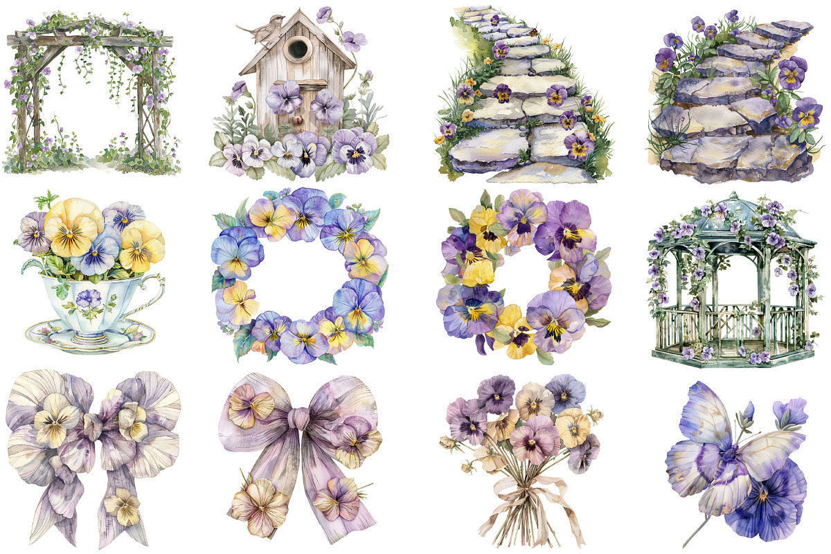 Pansy Garden Watercolor Clipart, an Illustration by DreamCafeArt (Photo 3 of 8)
