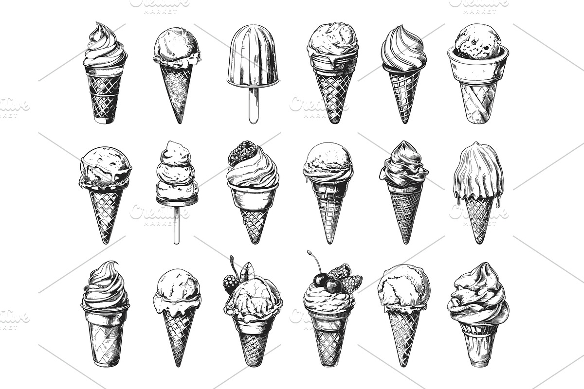 Ice Cream Engraving Style Set. Low, a Food Illustration by LadadikArt