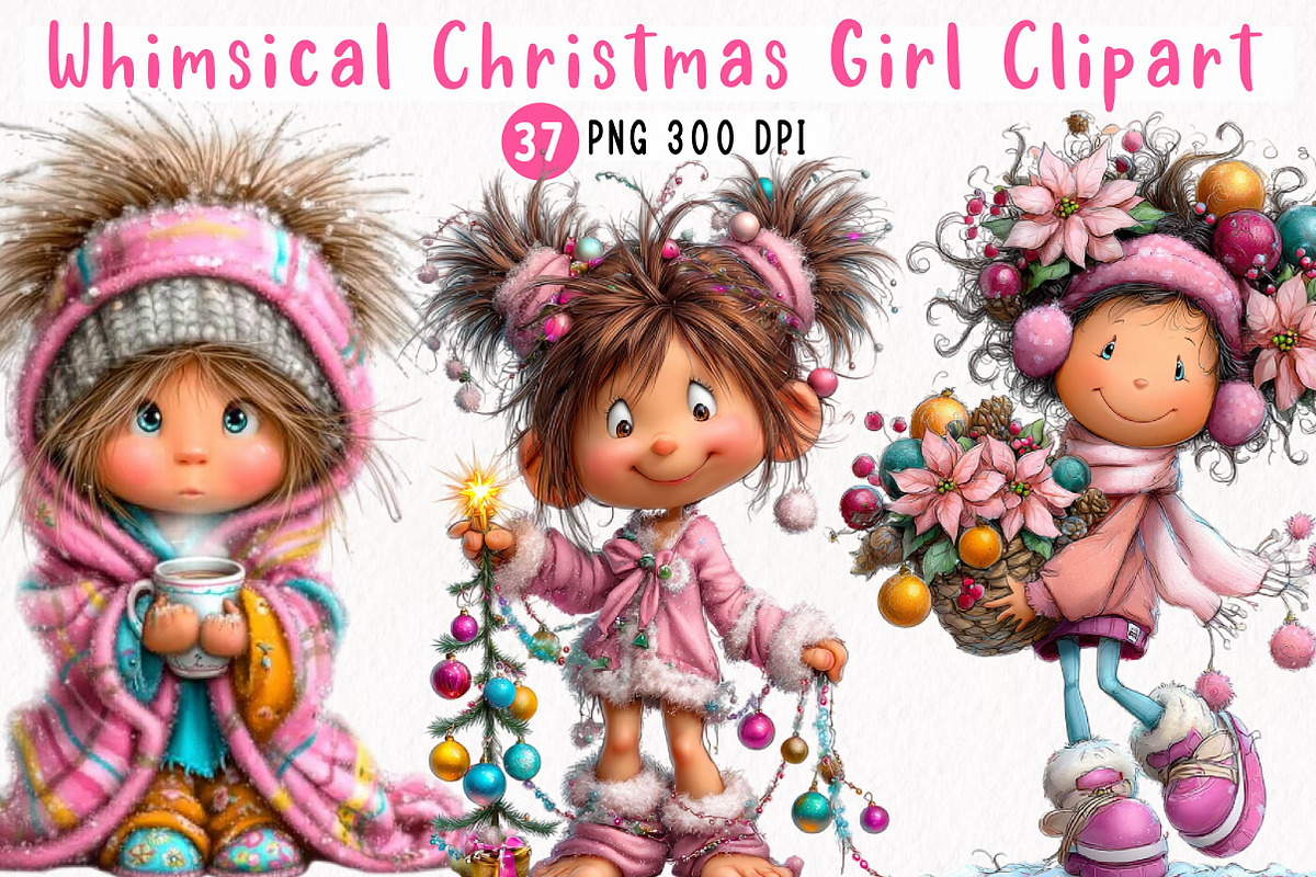 Whimsical Christmas Girl Clipart, a Seasonal Illustration by fashionaddict (Photo 1 of 7)