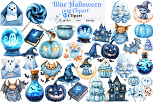Blue Halloween Clipart, an Illustration by Watercolor design