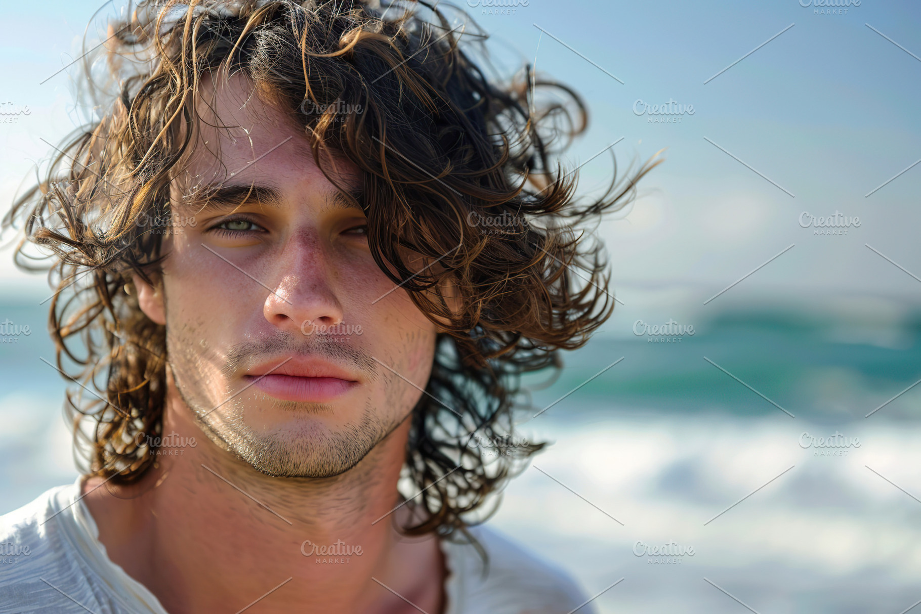 Cute beautiful man with curly hair on blurred ocean background, a Person Photo by AlyaAnd