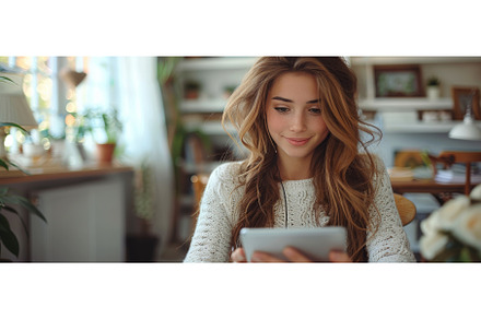 Woman at desk looking at smartphone, a Business Photo by ZinetroN