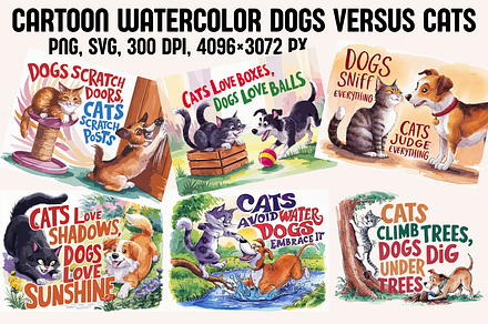 Watercolor Cartoon Cats versus Dogs, an Animal Illustration by PrintHaven Designs
