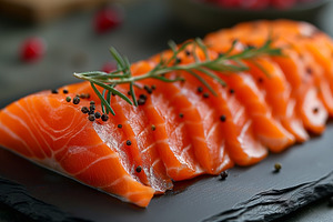Freshly sliced salmon on a black slate platter garnished with pe, a Food & Drink Photo by ImageMir