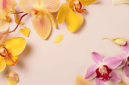 Beautiful orchid petals on a colorful background. Spring concept. Generative AI, a Photo by José Manuel Gelpi