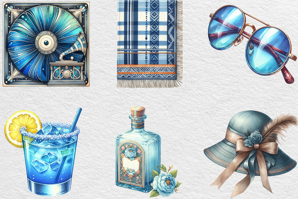Watercolor Blue 1920s Summer Clipart, an Illustration by Black Bird Studio (Photo 2 of 6)