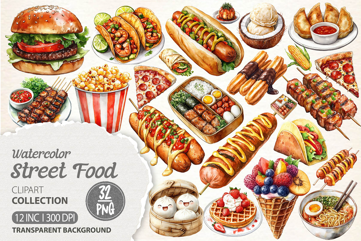 Watercolor Street Food Clipart PNG, an Illustration by Dream Creation (Photo 1 of 7)