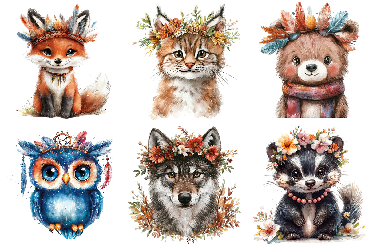 Boho Woodland Animals Watercolor Cli, an Illustration by Watercolor design (Photo 3 of 4)