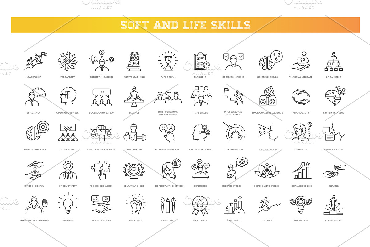 Soft and Life Skills Line Icons Set, an Outline Icon by Tettygreen (Photo 1 of 2)