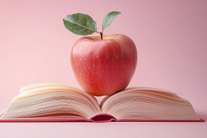 Red apple sits on book, a Food & Drink Photo by MistyDay