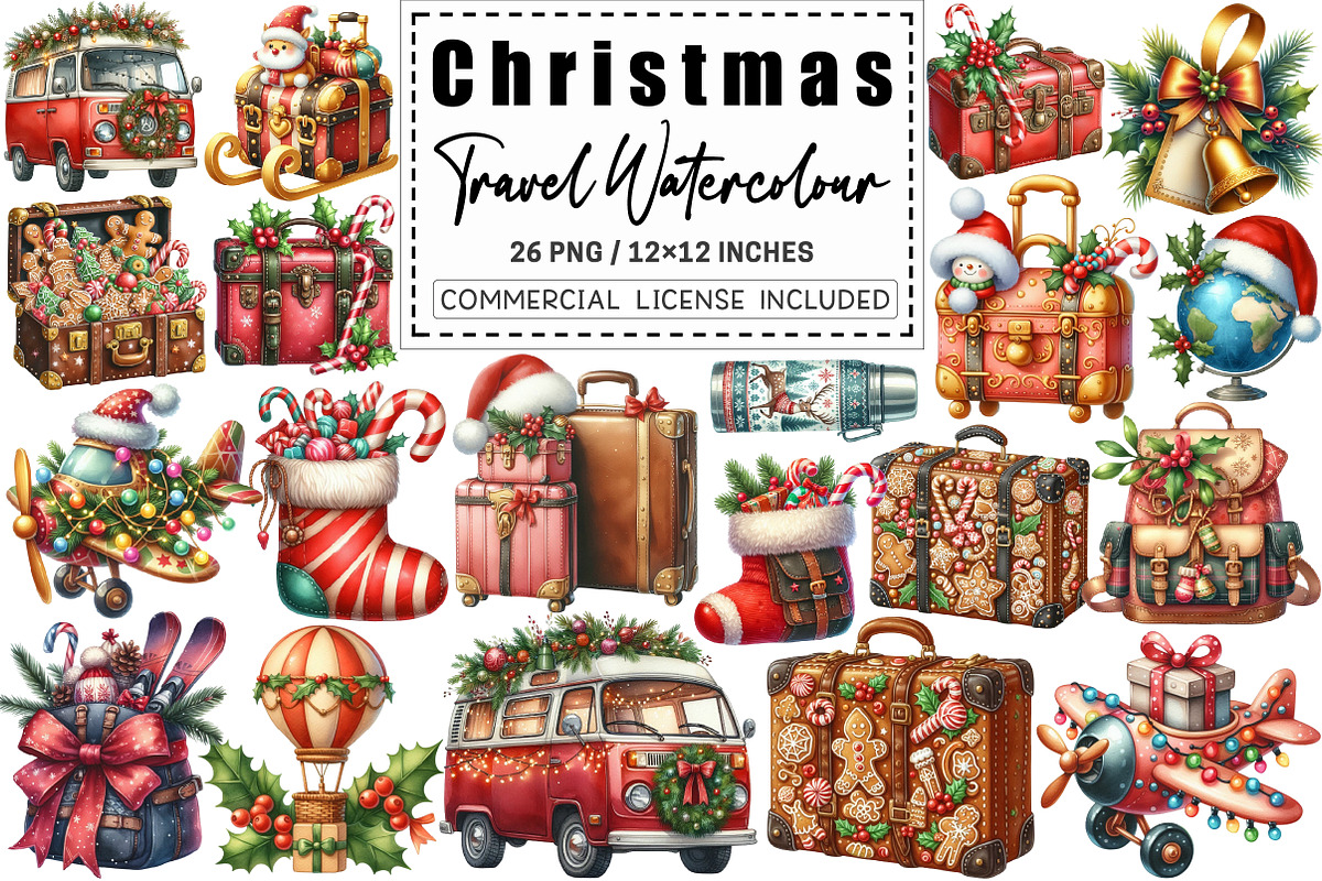 Christmas Travel Watercolour Clipart, a Graphic by CitraGraphics (Photo 1 of 4)