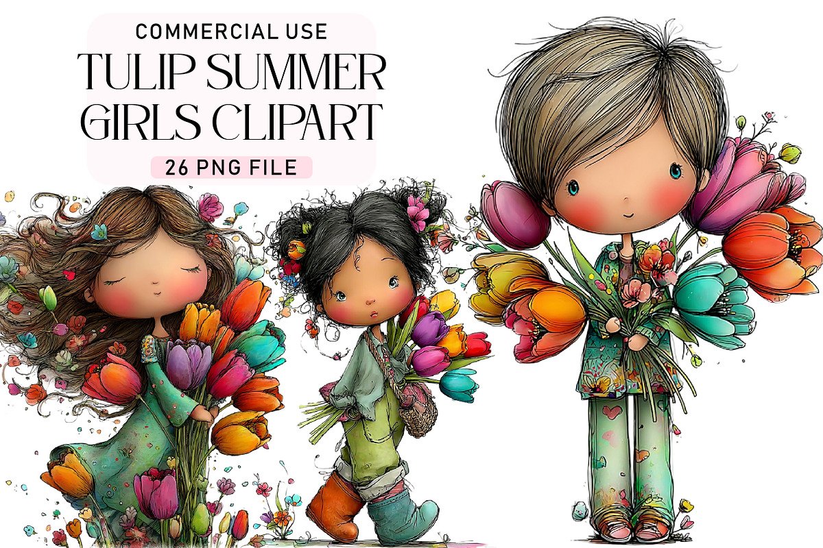 Tulip Summer Girls Clipart Set, a Seasonal Illustration by Daily.Designs (Photo 1 of 5)