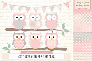 Owls Clipart & Patterns in Soft Pink, an Animal Illustration by Amanda Ilkov