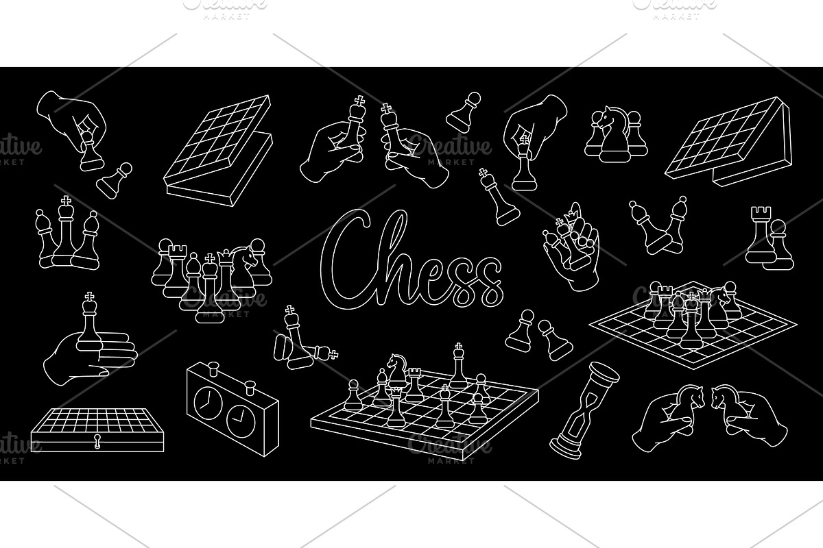 Chess outline illustrations on dark, an Illustration by GraphiShop