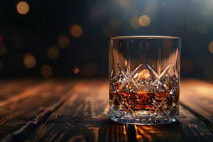 Glass of scotch whiskey and ice on wooden table, a Food & Drink Photo by AlyaAnd