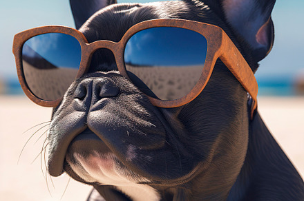 Bulldog dog sitting on the sand at, an Animal Photo by huertas19