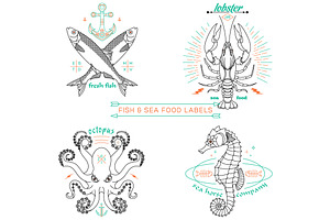 Thin Line Fish And Sea Food Labels