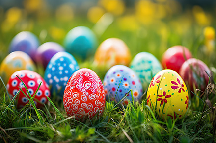 Colorful easter eggs on green grass, a Holiday Photo by AlyaAnd