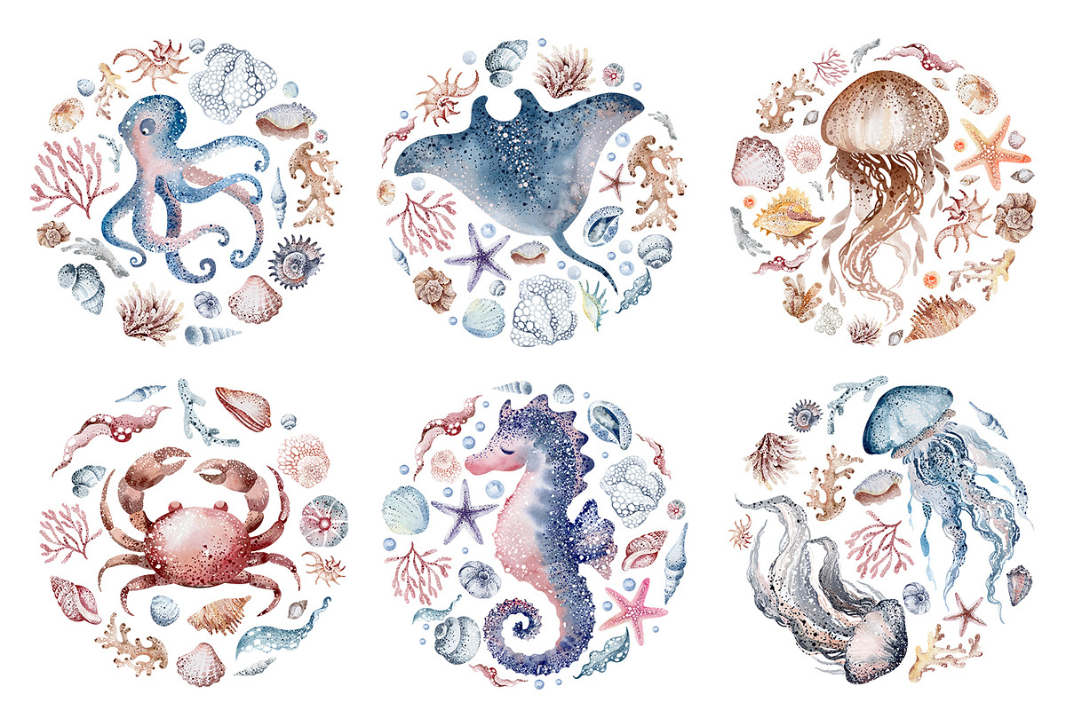 Watercolor Sea Creatures, an Animal Illustration by LenArt (Photo 2 of 4)