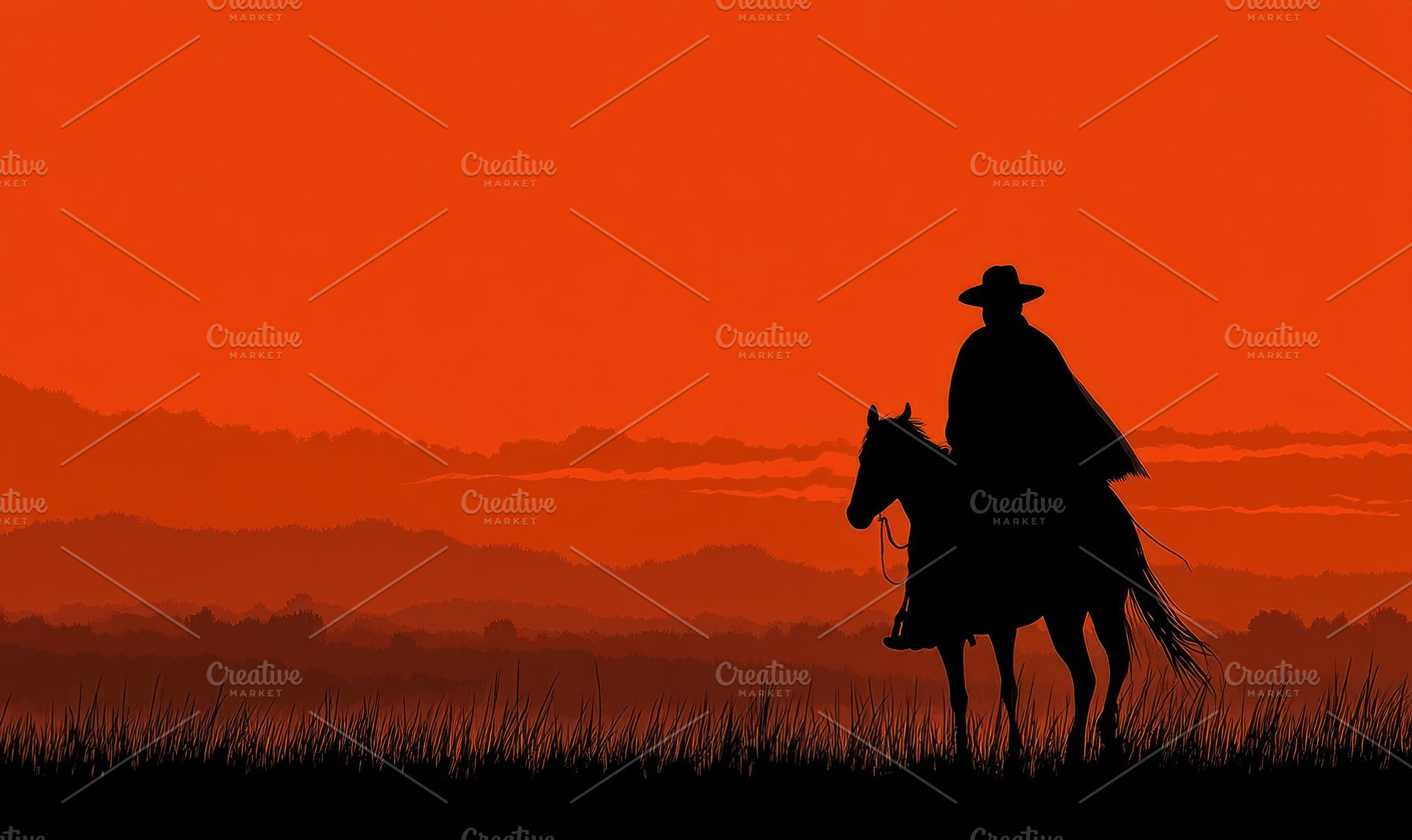 Cowboy silhouette on horseback during dramatic red sunset over w, a Person Photo by José Manuel Gelpi