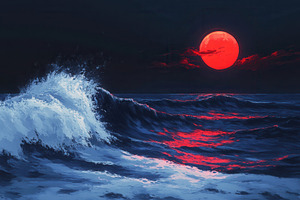 Dark sea night with red moonlight, a Photo by Pavel_design