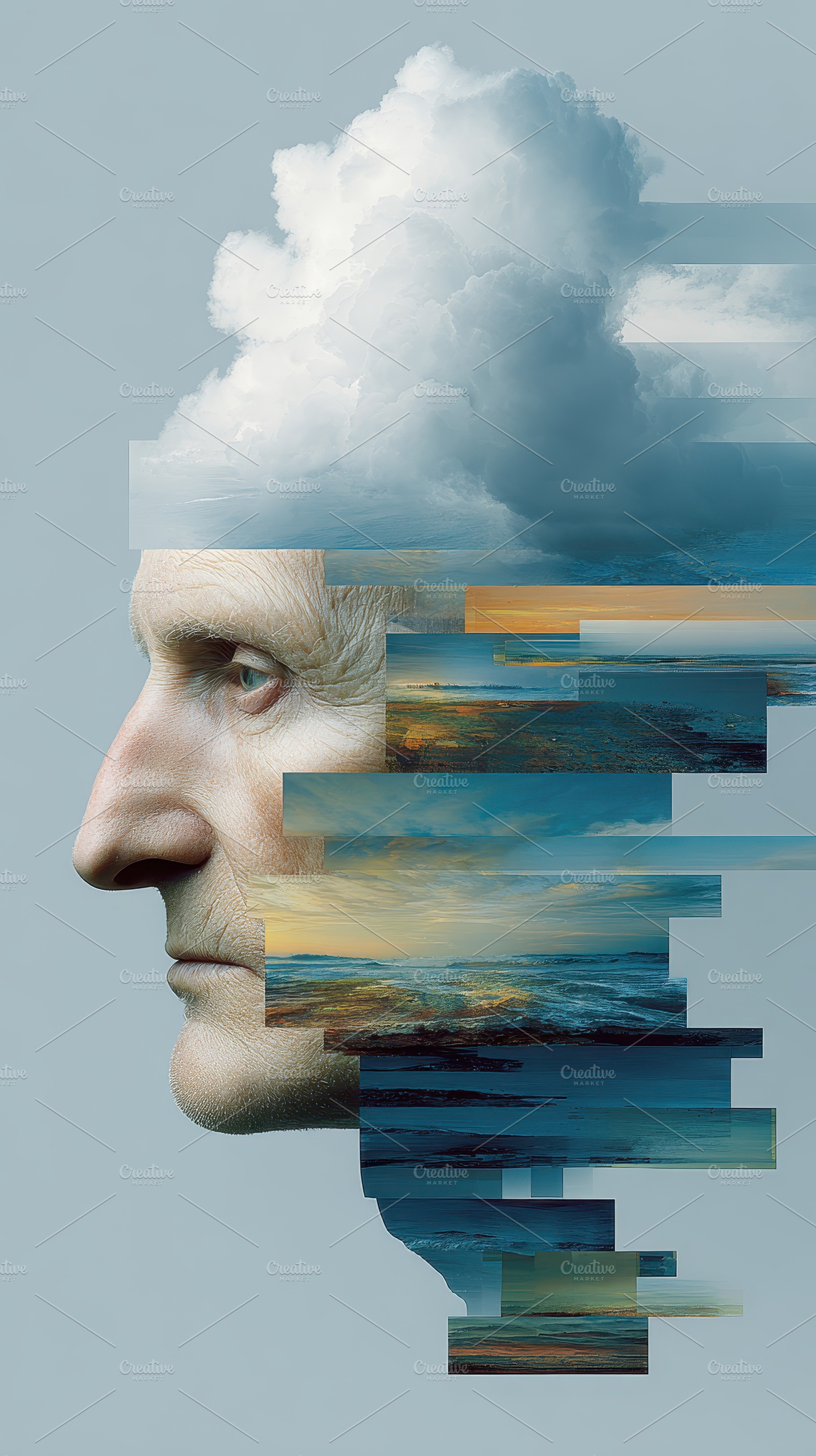 Old Man's Face Merged With Sky Ocean, a Photo by Pixeness Studio