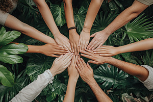 Diverse human hands in a circle on green leaves background, a Person Photo by AlyaAnd