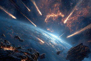 Fiery meteor shower impacting planet, an Abstract Photo by Pixeness Studio