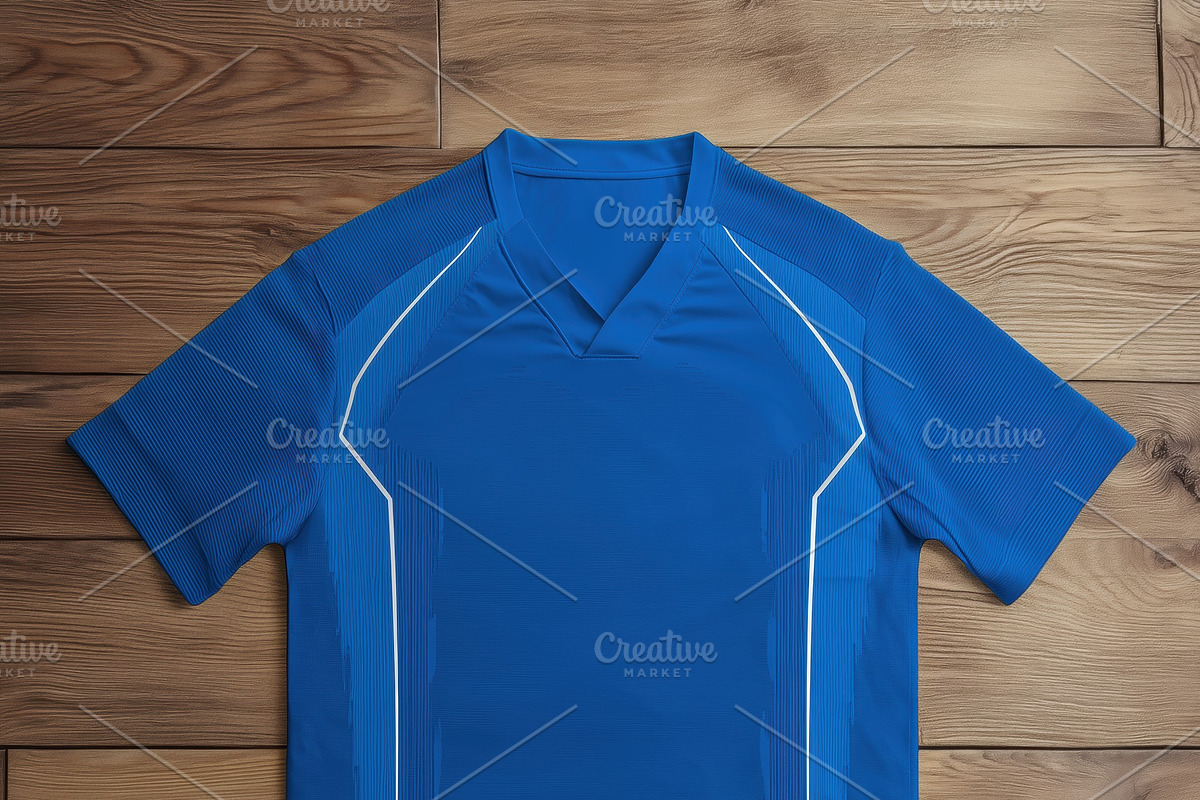 A blue sports uniform sports suit mockup laid flat on a wooden floor, featuring, a Shirt Mockup by Textures & Backgrounds