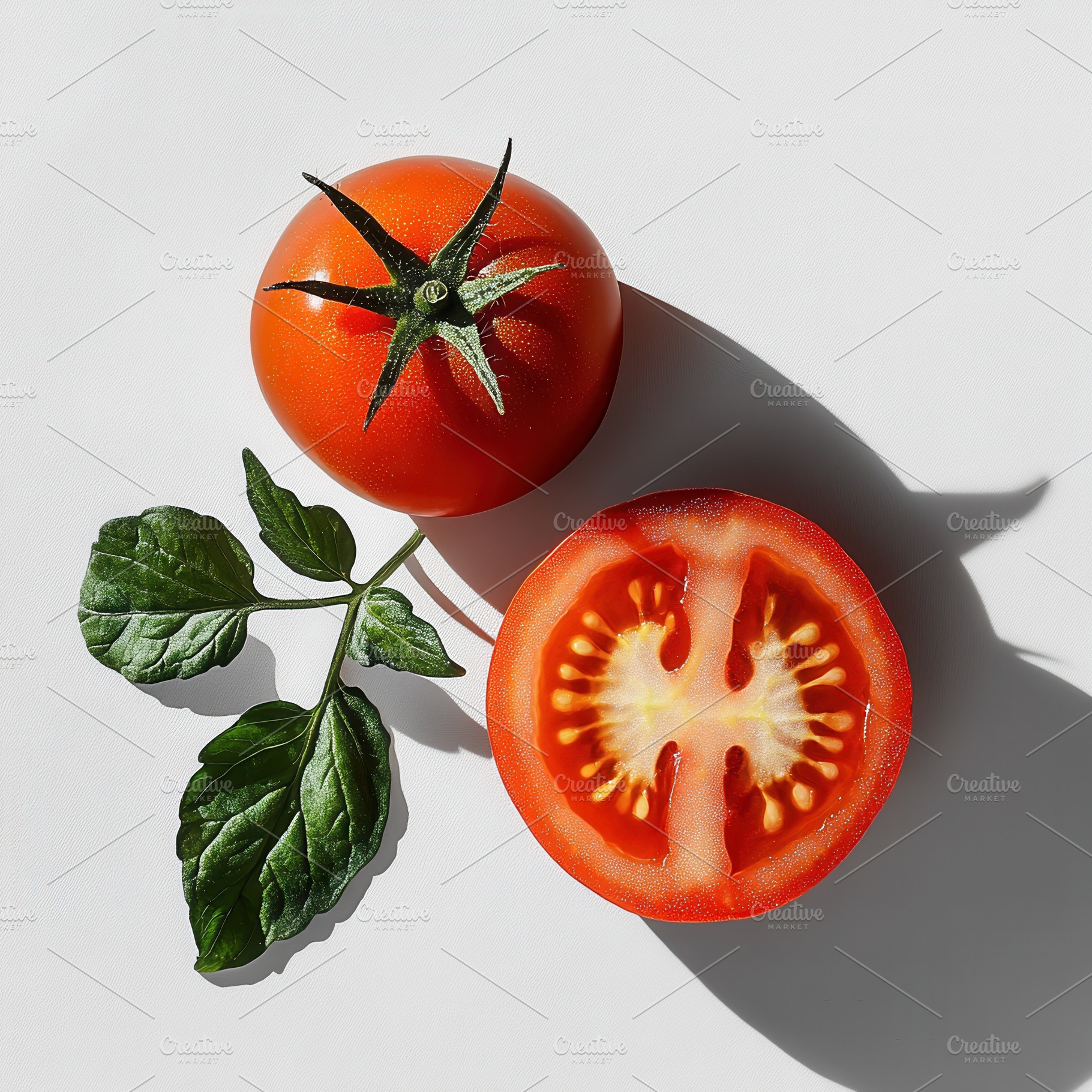 Tomato and a half, with leaves, isol, a Food & Drink Photo by Pixeness Studio