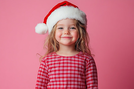 Smiling child girl in checkered pajamas and red santa hat, a Person Photo by AlyaAnd