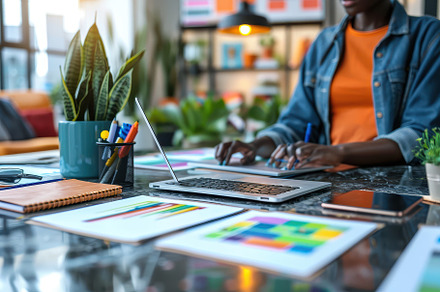 Woman working on laptop design proje, a Background Photo by Pixeness