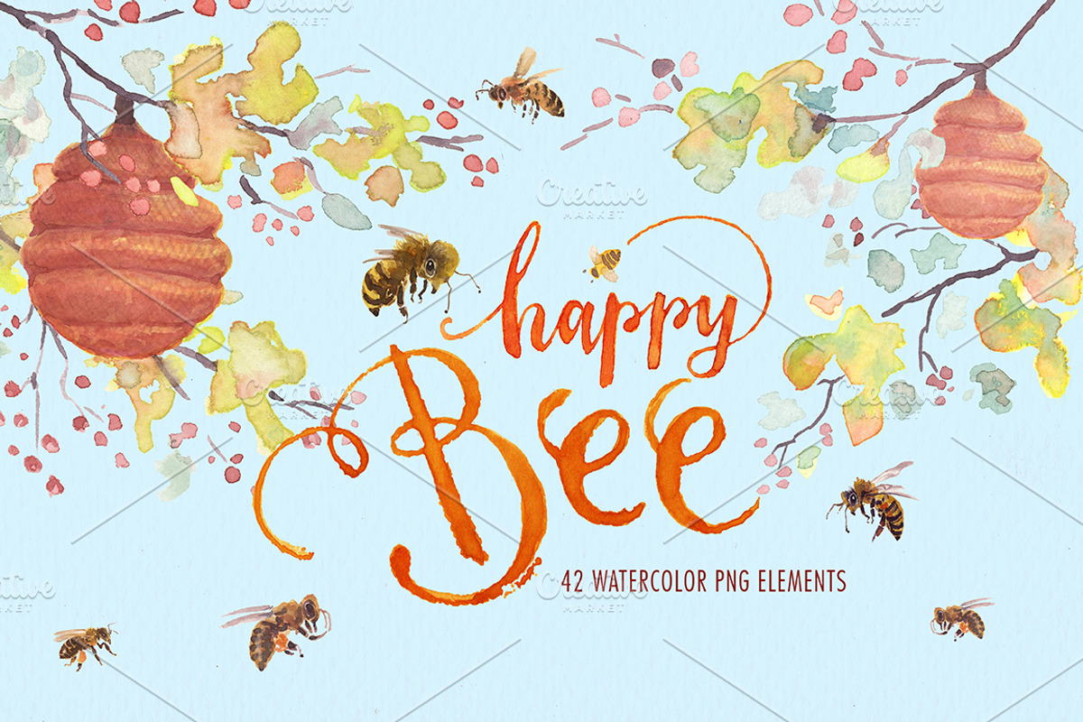 Watercolor happy bee clipart set, an Illustration by Art & Things (Photo 1 of 6)