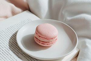 Pink Macaron on White Plate, a Food & Drink Photo by Virgo Studio
