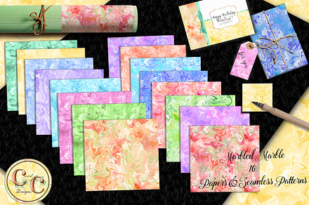 16 Marbled Papers and Seamless Pat.