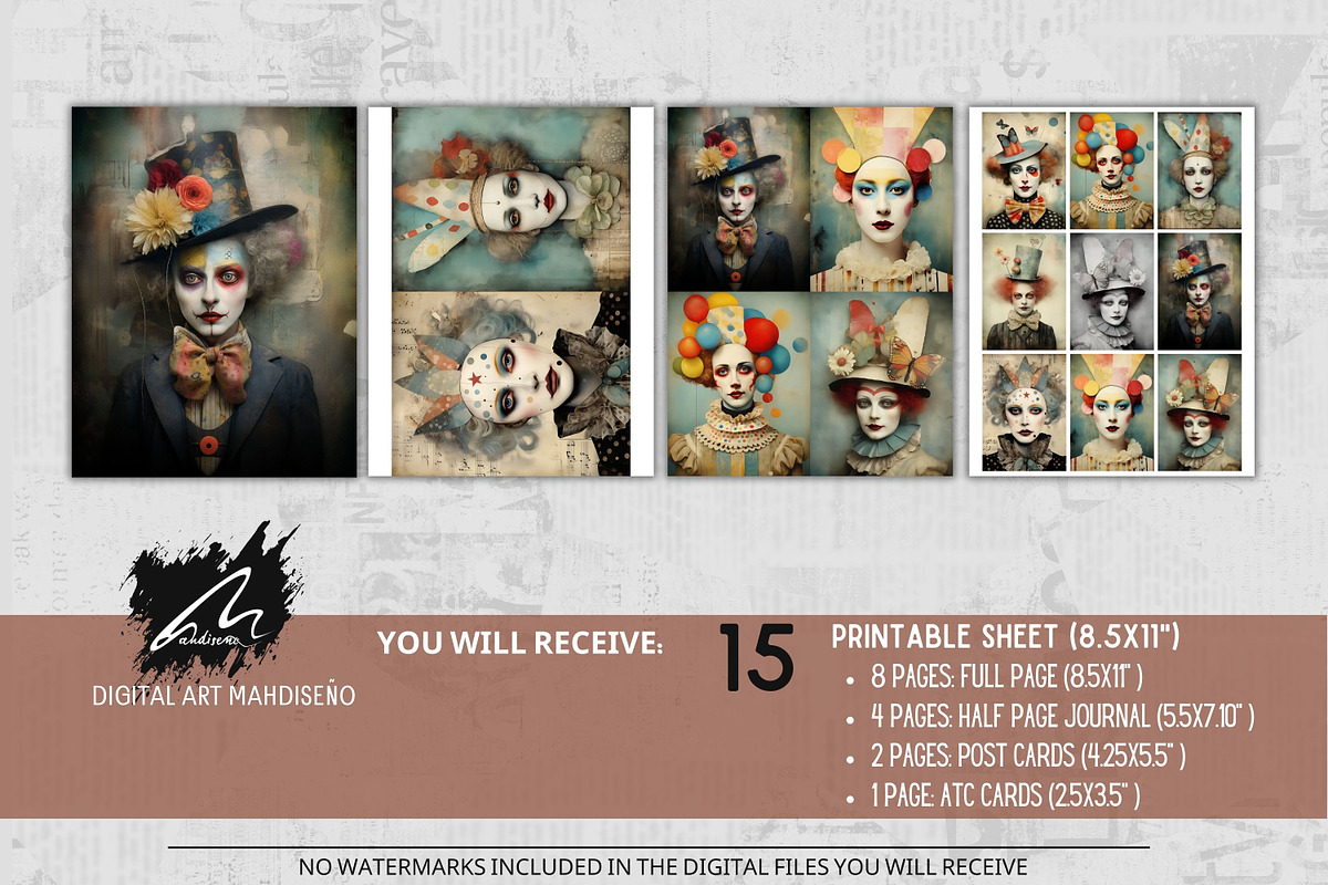 Whimsical Clown Junk Journal Pages, a Person Illustration by Digital Art Mahdiseño (Photo 2 of 10)