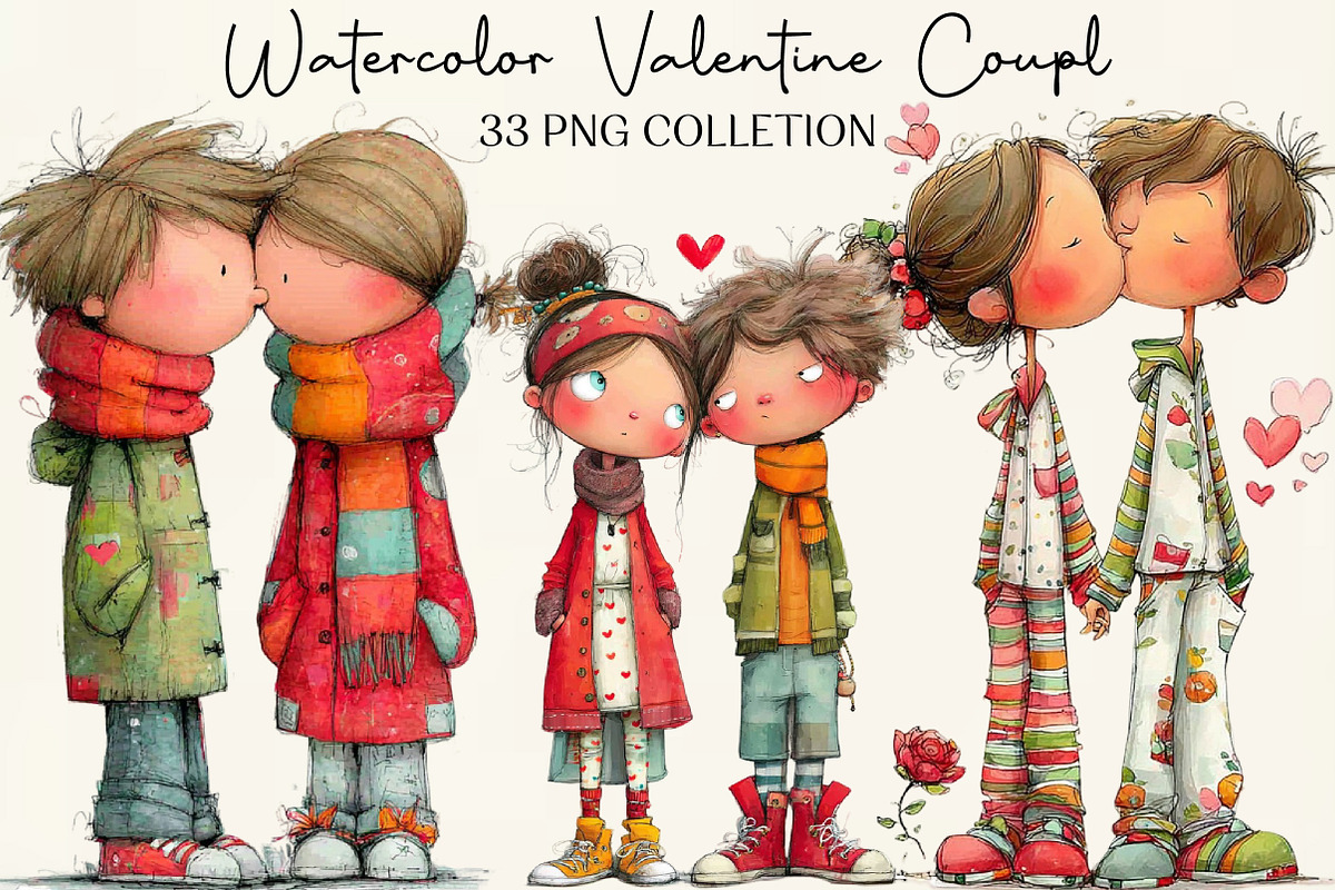 Watercolor Valentine Couple Clipart, an Illustration by DreamCafeArt (Photo 1 of 6)