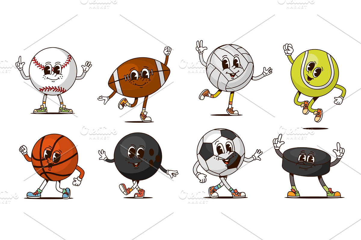 Cartoon groovy sport ball and puck, a Sport Illustration by Vector Tradition