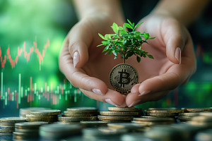 Green seedlings are growing on bitcoin coin with charts, a Photo by AlyaAnd