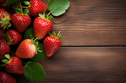 Red ripe strawberries with green leaves on brown wooden background, a Food & Drink Photo by AlyaAnd