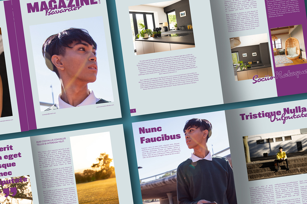 Blue Magazine Layout Purple Accents, a Magazine Template by wavebreak